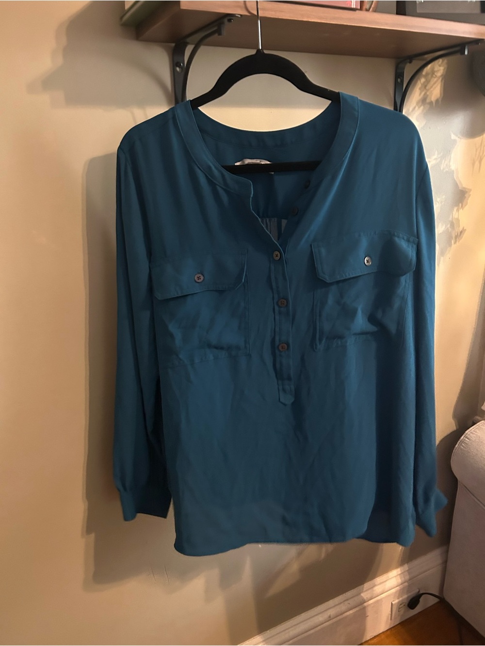 LOFT Teal Long-Sleeve Button Henley Blouse size XL